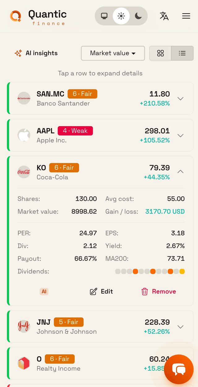 Llista de posicions de Quantic amb anàlisis d'IA, puntuacions de seguretat i guany/pèrdua en directe de cada acció de dividends